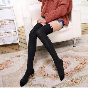 On Order - Women's Thigh High Socks Black with Heart Pattern and Pink Bow Kawaii